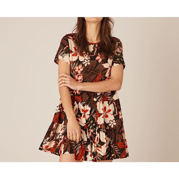 Patrons of Peace Black Pink Orange Floral Short Sleeve Size L - Picture 1 of 4